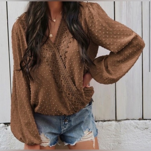 Chocolate Lace Dotted Long Sleeve Flowy Blouse Size XL NEW - Picture 1 of 5